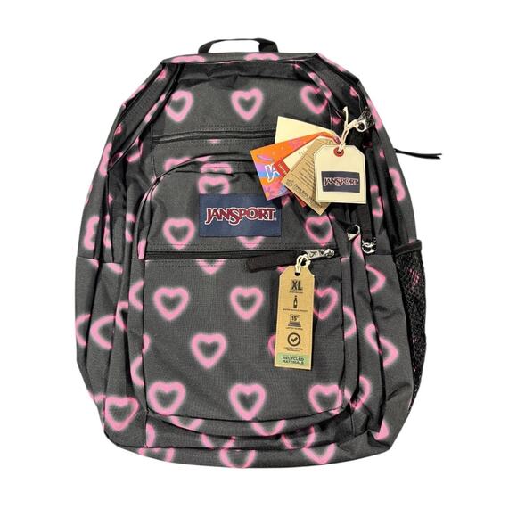 Jansport Handbags - JanSport Big Student Backpack Happy Hearts Black Pink | NWT XL 34L Laptop Bag